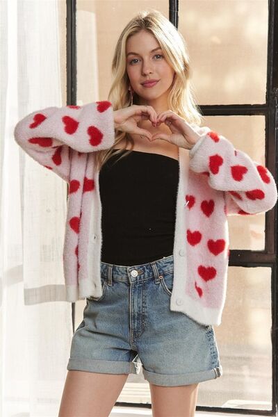 ADORA Fuzzy Heart Button Down Cardigan - Golden Treasures  # #