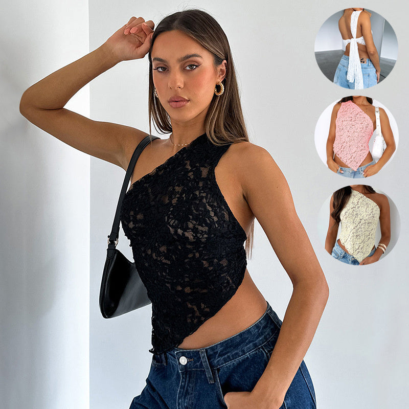 Ins Lace Backless Top Summer Waistless Sloped Neck Vest Streetwear