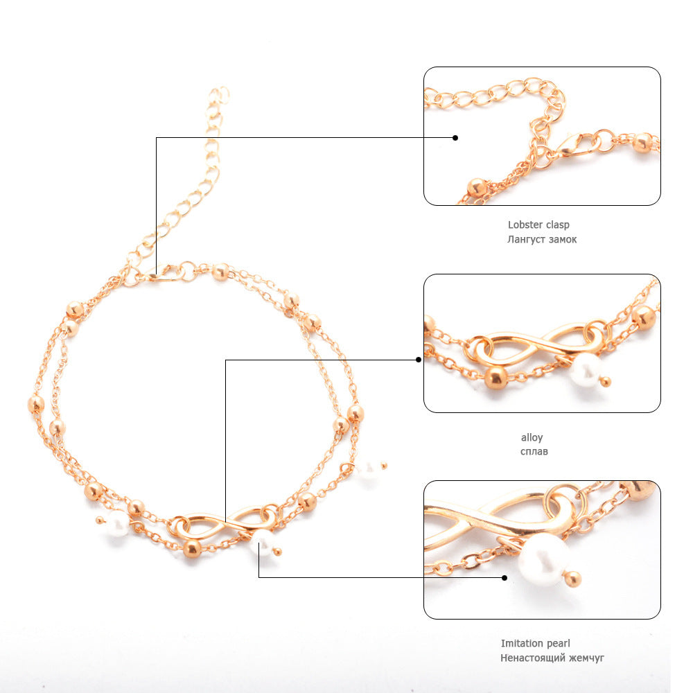 Women's Alloy Anklet With 8-shaped Double-layer Pearls - Golden Treasures  # #