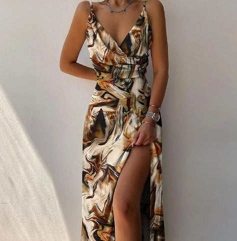 V-neck Slit Sling Dress Summer Fashion Dresses - Golden Treasures 