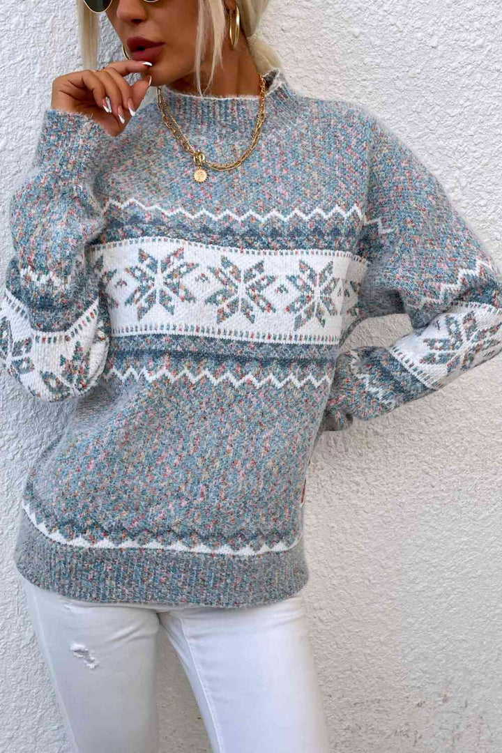 Snowflake Pattern Mock Neck Sweater - Golden Treasures  # #