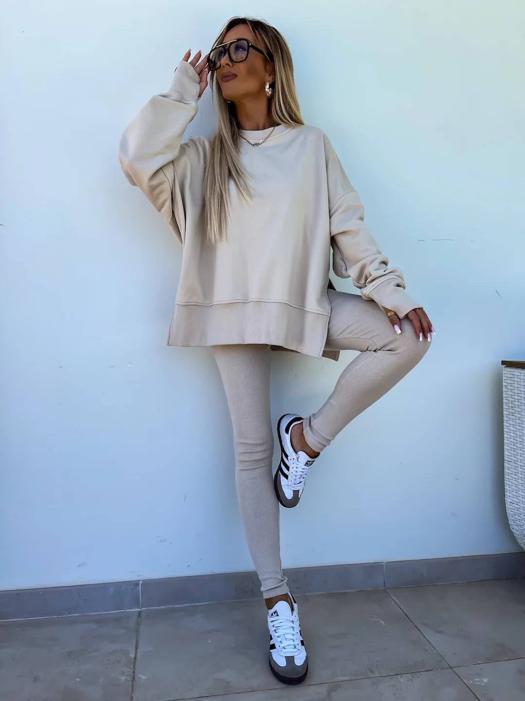 Sweater Suit Women's Casual Loose Long Sleeve Crew Neck Split Top Tight Trousers - Golden Treasures  # #