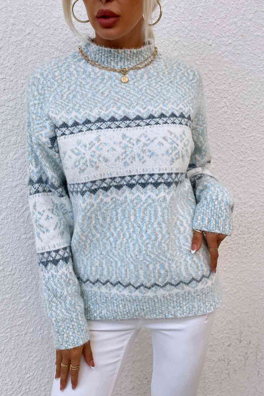 Snowflake Pattern Mock Neck Sweater - Golden Treasures  # #