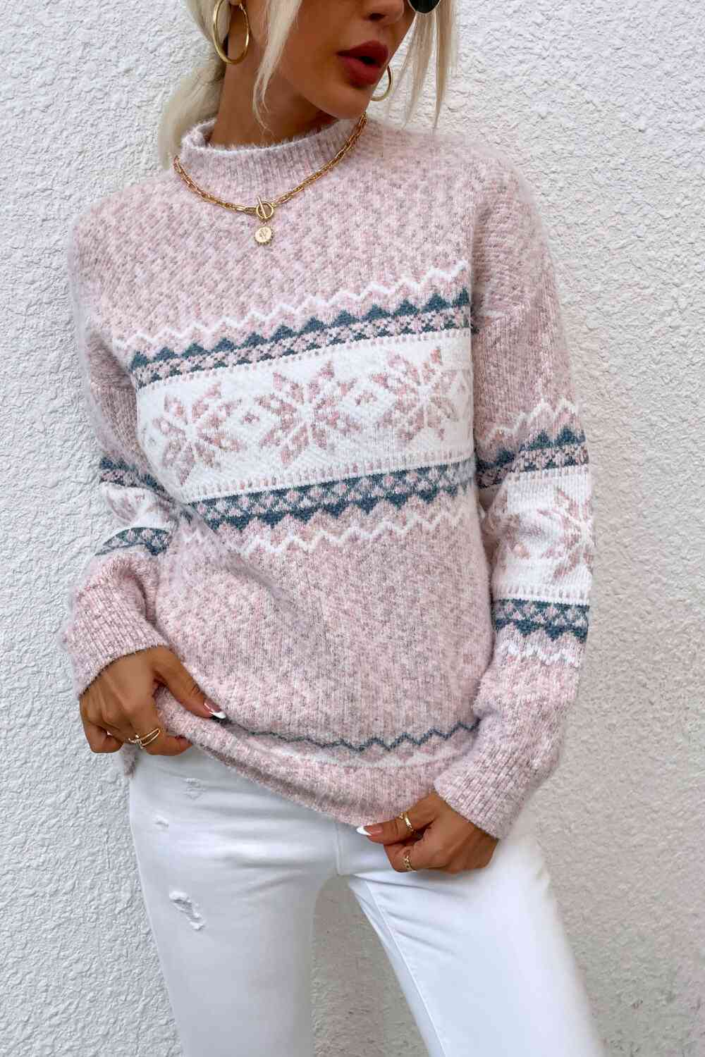 Snowflake Pattern Mock Neck Sweater - Golden Treasures  # #