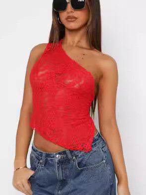 Ins Lace Backless Top Summer Waistless Sloped Neck Vest Streetwear