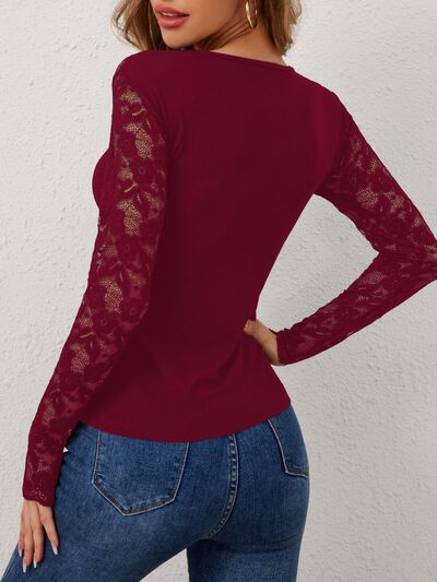 Lace Wavy Hem V-Neck Long Sleeve Top - Golden Treasures  # #