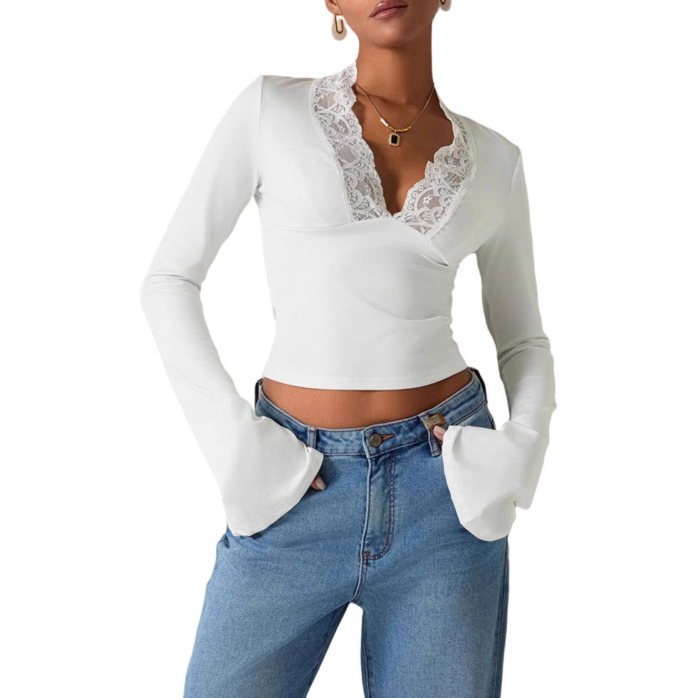 Slim V-neck Lace T-Shirt Long-sleeved Top