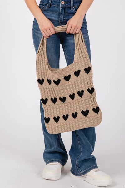 Fame Contrast Heart Crochet Tote Bag - Golden Treasures  # #