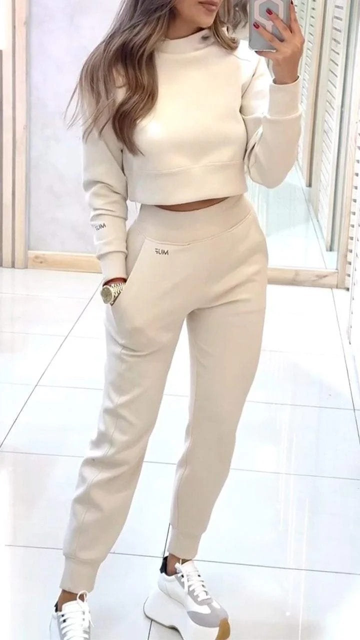 Stand Collar Sports Suit Fashion Pullover Long-sleeves Short Top And Slim Trousers With Pockets Solid Outfits Women's Clothing - Golden Treasures  # #