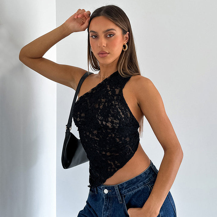 Ins Lace Backless Top Summer Waistless Sloped Neck Vest Streetwear