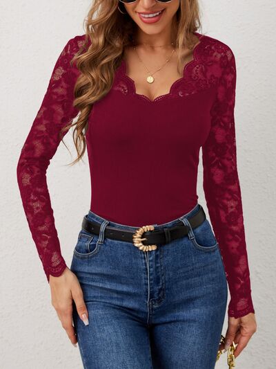 Lace Wavy Hem V-Neck Long Sleeve Top - Golden Treasures  # #