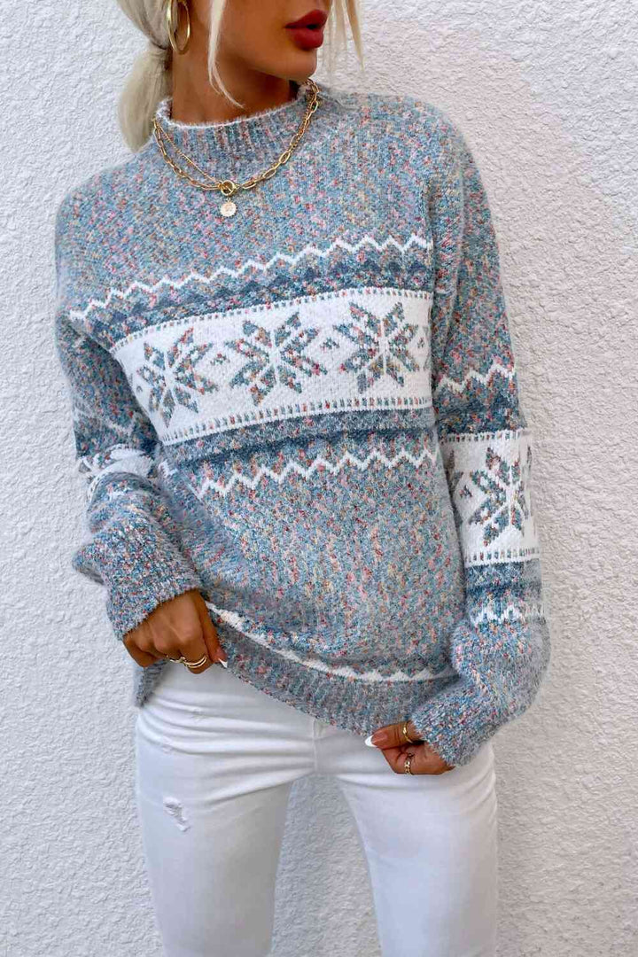 Snowflake Pattern Mock Neck Sweater - Golden Treasures  # #