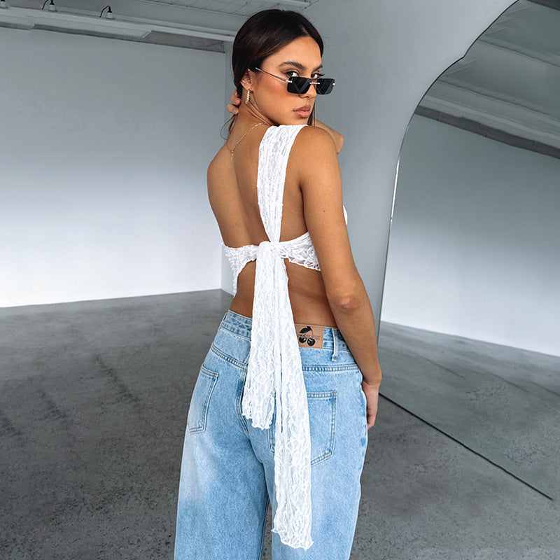 Ins Lace Backless Top Summer Waistless Sloped Neck Vest Streetwear