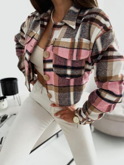 Pocketed Collared Neck Long Sleeve Plaid Jacket - Golden Treasures  # #