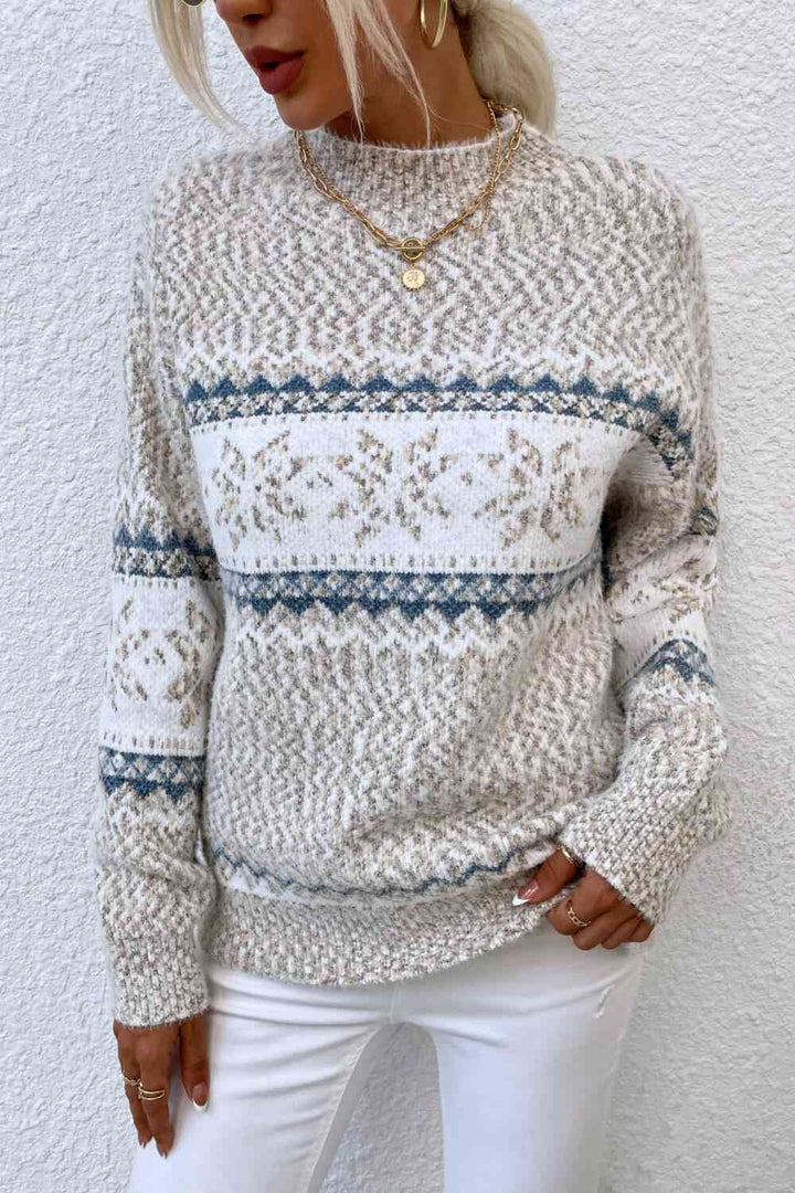 Snowflake Pattern Mock Neck Sweater - Golden Treasures  # #