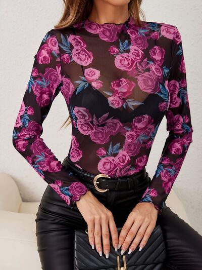 Floral Mock Neck Long Sleeve Top - Golden Treasures  # #