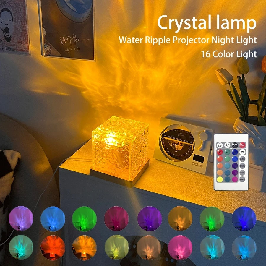 LED Water Ripple Ambient Night Light USB Rotating Projection Crystal Table Lamp RGB Dimmable Home Decoration 16 Color Gifts - Golden Treasures  # #