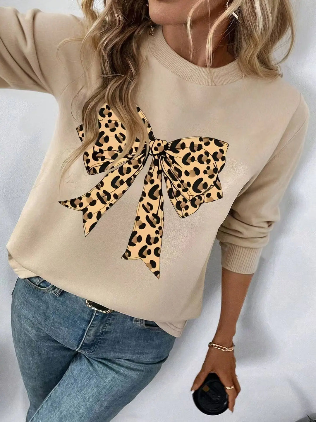 Leopard Print Stud For Autumn And Winter Bow Printed Loose Top - Golden Treasures  # #