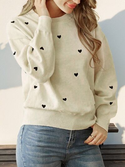 Perfee Heart Round Neck Long Sleeve Knit Top - Golden Treasures  # #