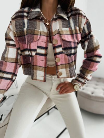 Pocketed Collared Neck Long Sleeve Plaid Jacket - Golden Treasures  # #