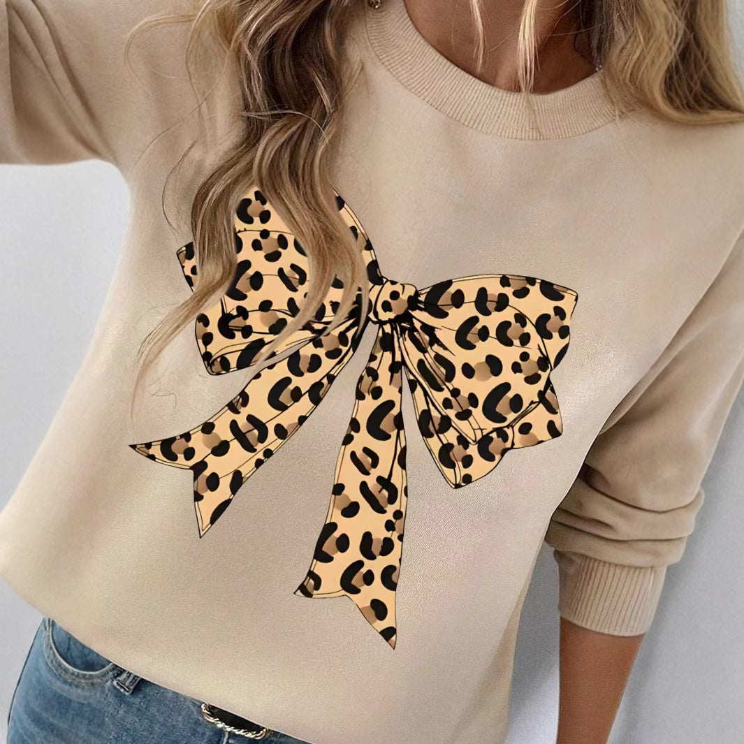 Leopard Print Stud For Autumn And Winter Bow Printed Loose Top - Golden Treasures  # #