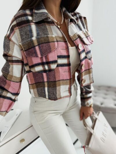 Pocketed Collared Neck Long Sleeve Plaid Jacket - Golden Treasures  # #