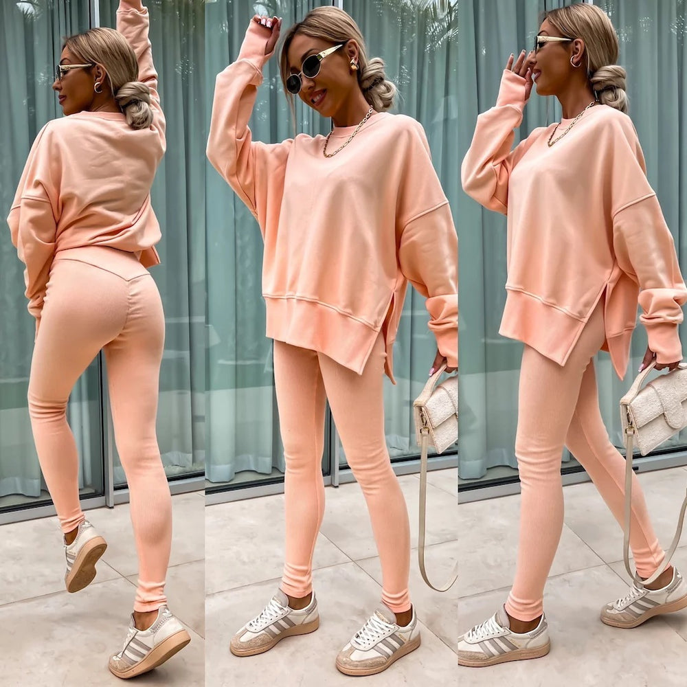 Sweater Suit Women's Casual Loose Long Sleeve Crew Neck Split Top Tight Trousers - Golden Treasures  # #