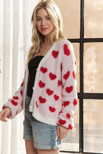 ADORA Fuzzy Heart Button Down Cardigan - Golden Treasures  # #