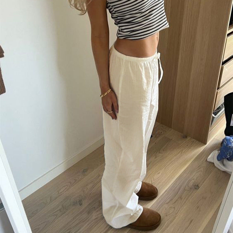 Women's Pure Color Elastic Waist Lace-up Linen Trousers