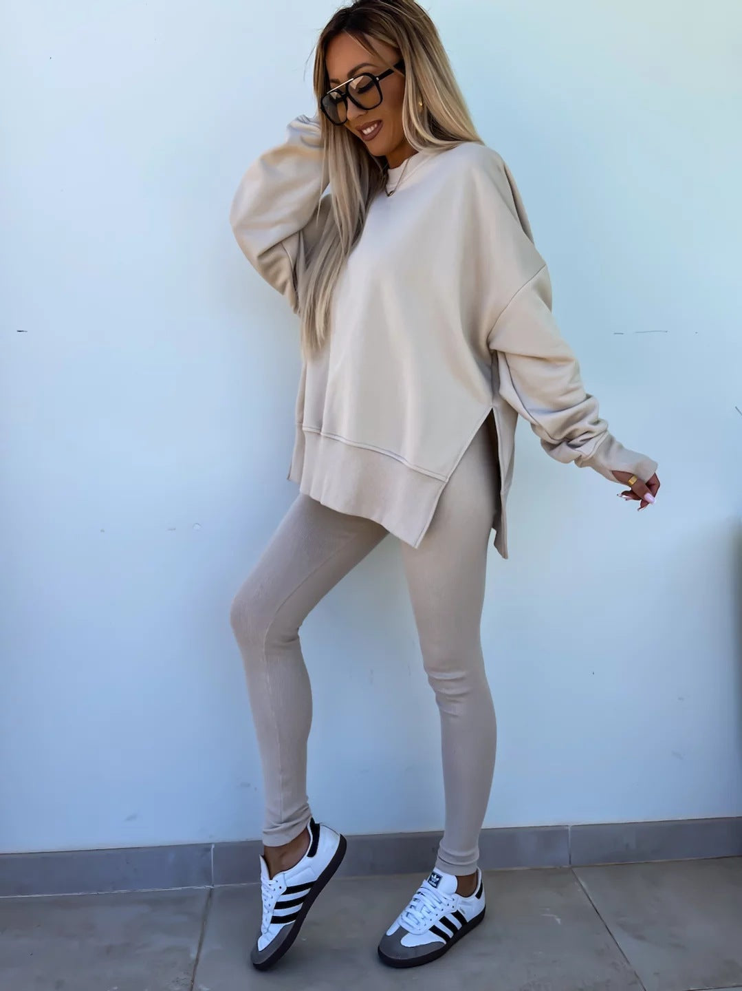 Sweater Suit Women's Casual Loose Long Sleeve Crew Neck Split Top Tight Trousers - Golden Treasures  # #