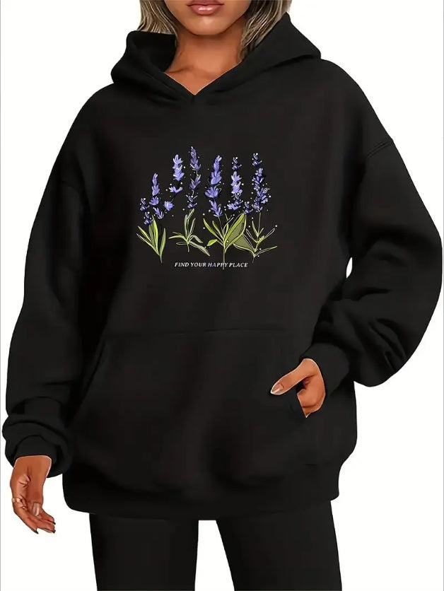 Lavender Flower Print Hoodie With Kangaroo Pockets - Women's Casual Long Sleeve Sweatshirt - Golden Treasures  # #