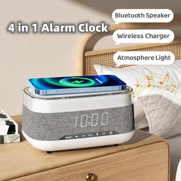 Intelligent Multifunctional Alarm Clock Bluetooth Speaker Wireless Charger Fast Charge Clock Atmosphere Night Light Home Decor - Golden Treasures  # #