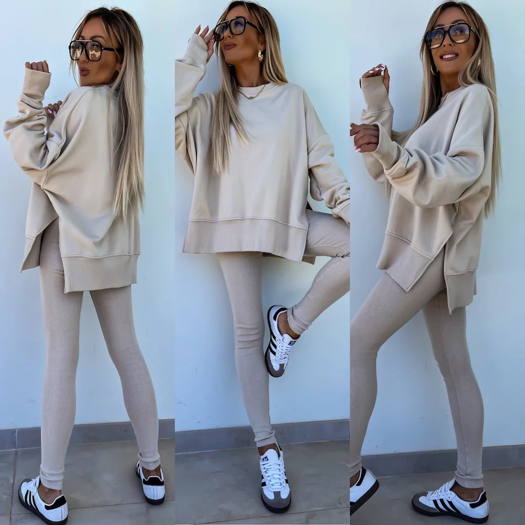 Sweater Suit Women's Casual Loose Long Sleeve Crew Neck Split Top Tight Trousers - Golden Treasures  # #