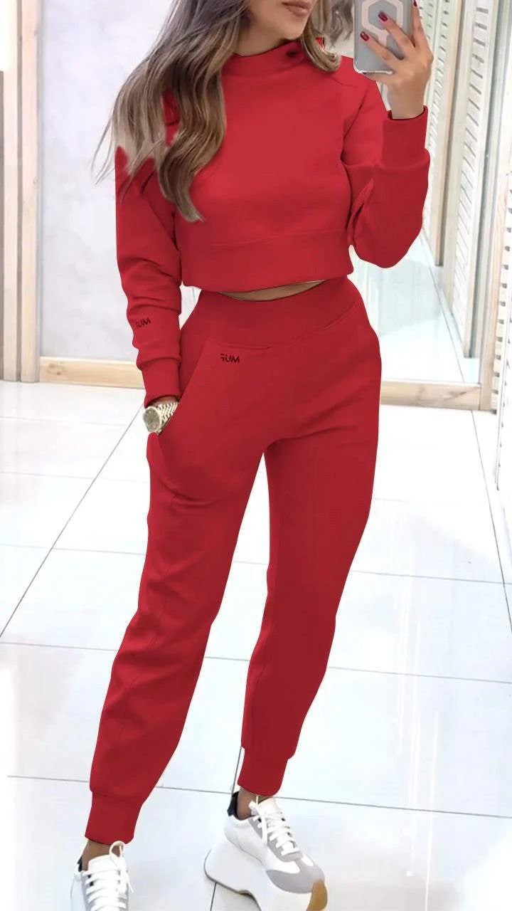 Stand Collar Sports Suit Fashion Pullover Long-sleeves Short Top And Slim Trousers With Pockets Solid Outfits Women's Clothing - Golden Treasures  # #