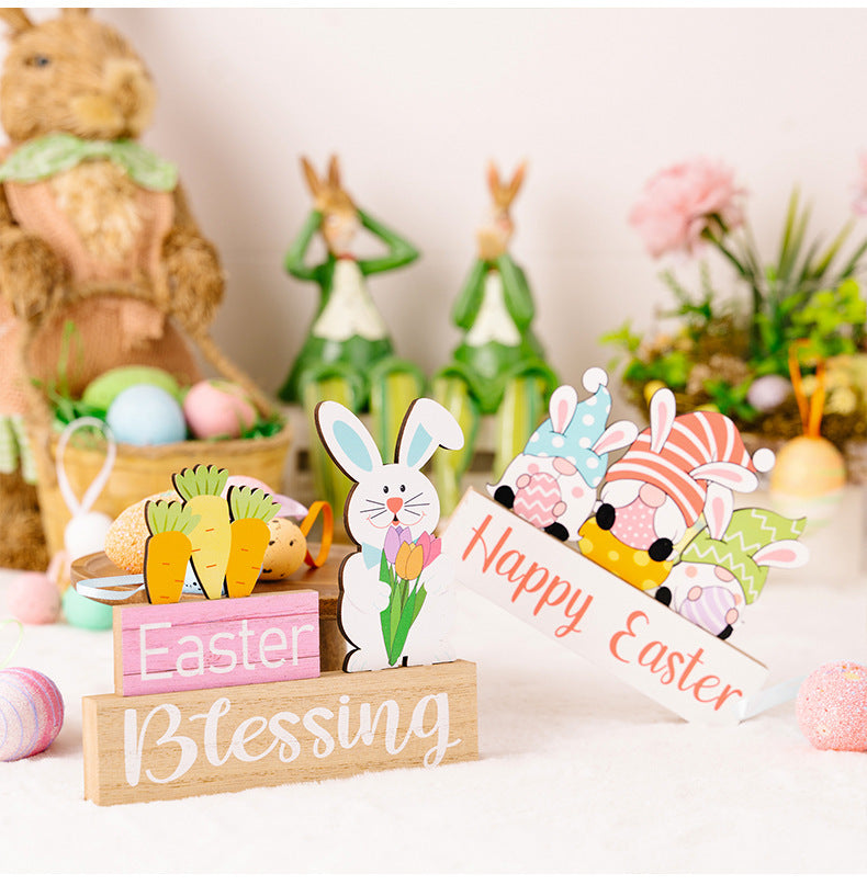 Easter Supplies Easter Rabbit Holding Flower Wooden Decoration