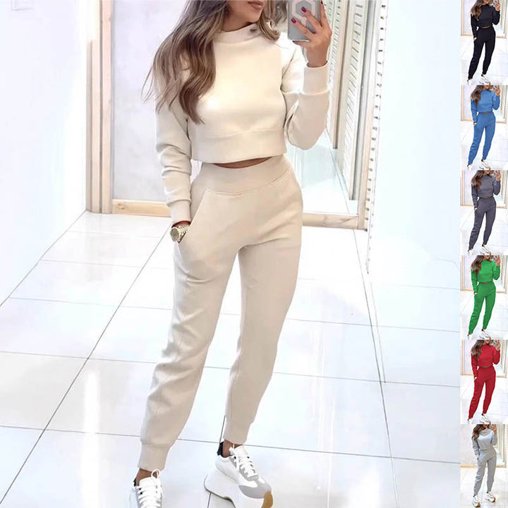 Stand Collar Sports Suit Fashion Pullover Long-sleeves Short Top And Slim Trousers With Pockets Solid Outfits Women's Clothing - Golden Treasures  # #