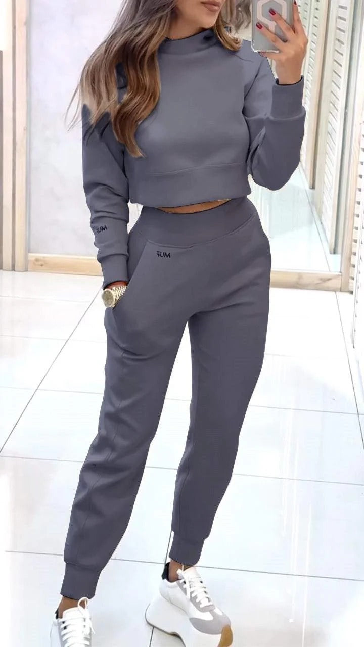 Stand Collar Sports Suit Fashion Pullover Long-sleeves Short Top And Slim Trousers With Pockets Solid Outfits Women's Clothing - Golden Treasures  # #