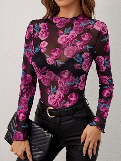 Floral Mock Neck Long Sleeve Top - Golden Treasures  # #