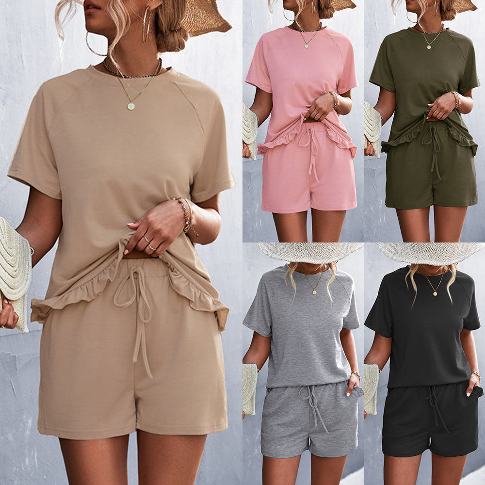 Spring And Summer New Product Best-selling Solid Color Round Neck Ruffled Short Sleeves Shorts Casual Suit - Golden Treasures  # #