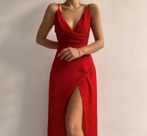 V-neck Slit Sling Dress Summer Fashion Dresses - Golden Treasures 