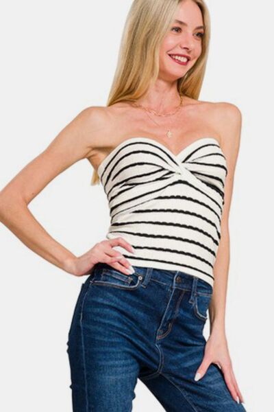 Zenana Twisted Sweetheart Neck Striped Tube Top - Golden Treasures  # #