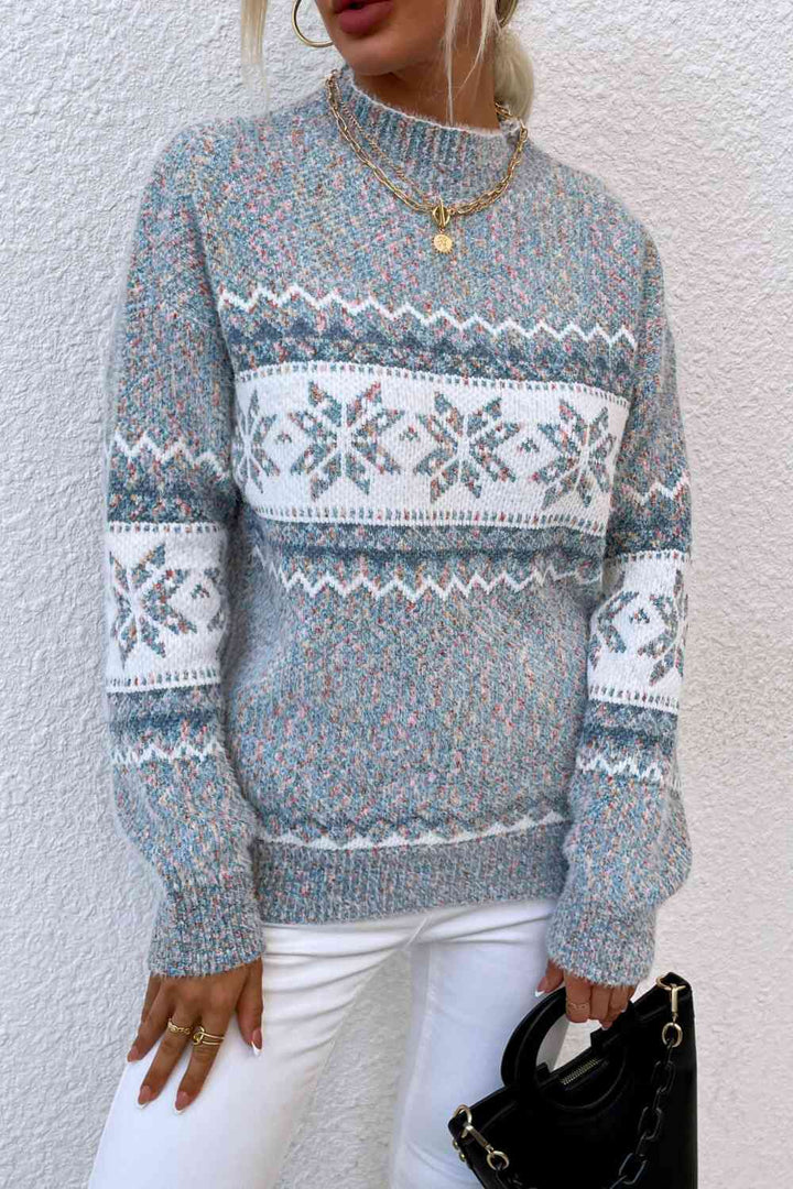 Snowflake Pattern Mock Neck Sweater - Golden Treasures  # #