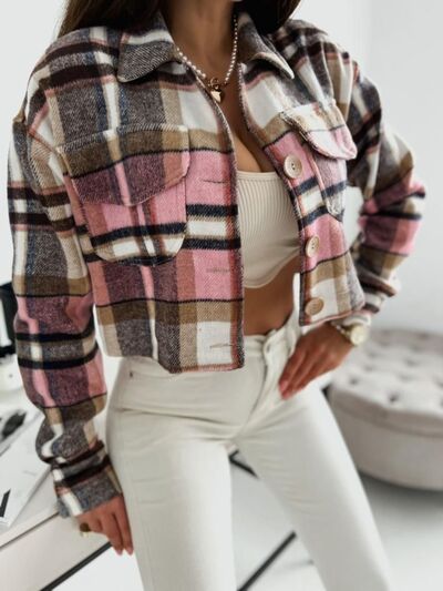 Pocketed Collared Neck Long Sleeve Plaid Jacket - Golden Treasures  # #