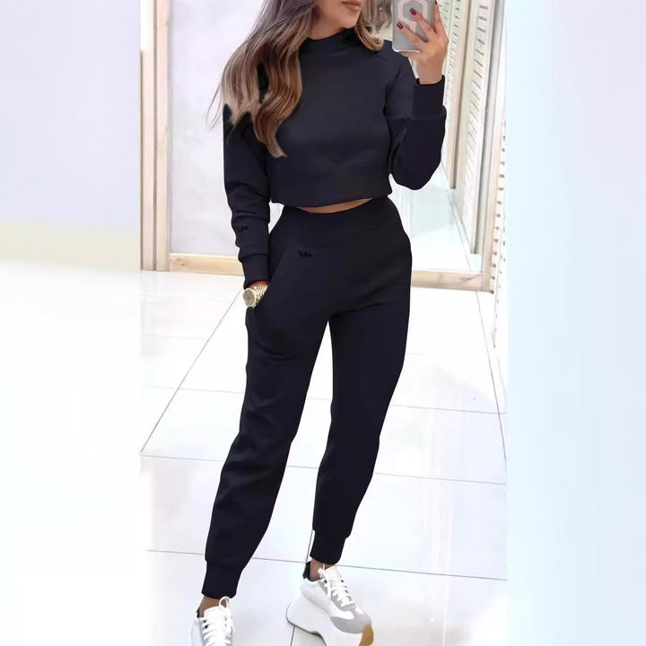 Stand Collar Sports Suit Fashion Pullover Long-sleeves Short Top And Slim Trousers With Pockets Solid Outfits Women's Clothing - Golden Treasures  # #