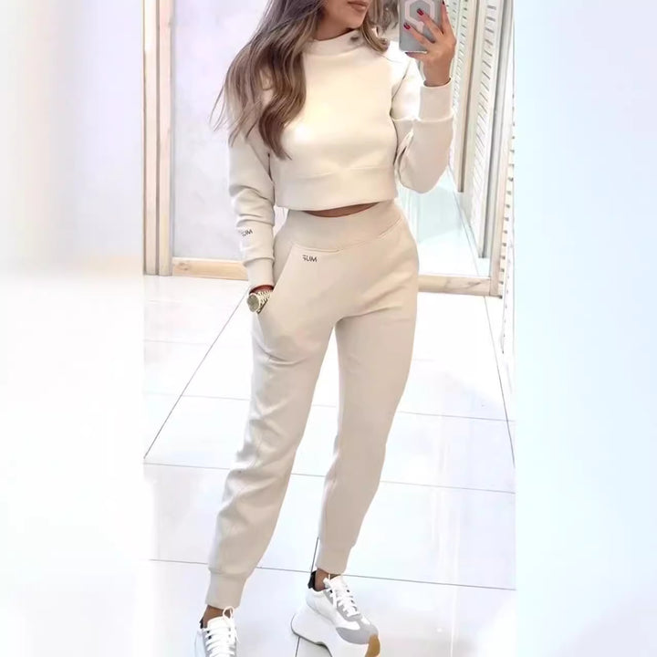 Stand Collar Sports Suit Fashion Pullover Long-sleeves Short Top And Slim Trousers With Pockets Solid Outfits Women's Clothing - Golden Treasures  # #