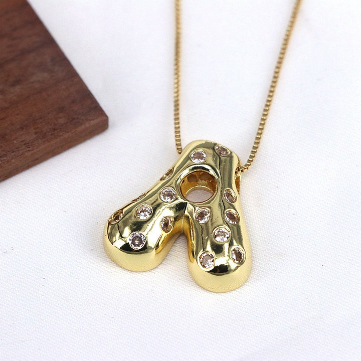 Gold-plated Balloon Bubble Inlaid Zirconium 26 Letter Pendant Necklace - Golden Treasures  # #