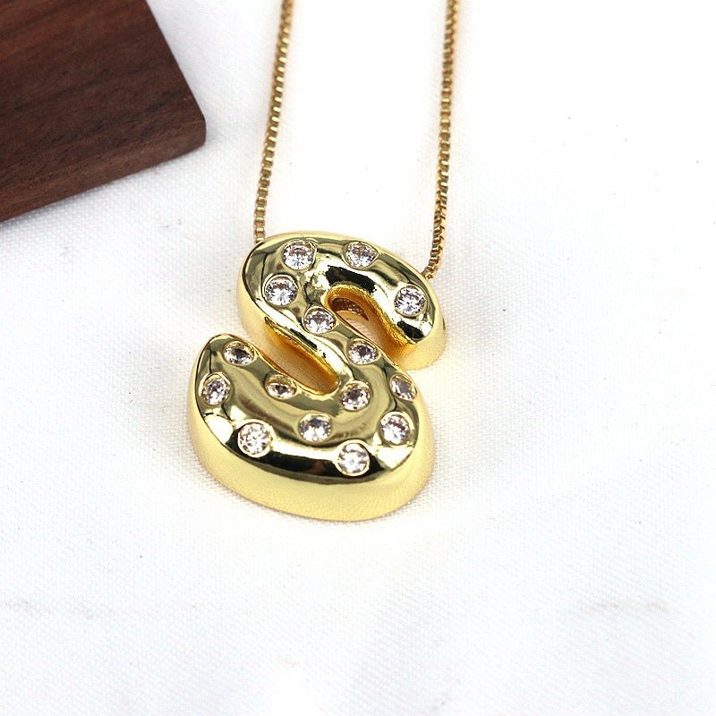 Gold-plated Balloon Bubble Inlaid Zirconium 26 Letter Pendant Necklace - Golden Treasures  # #