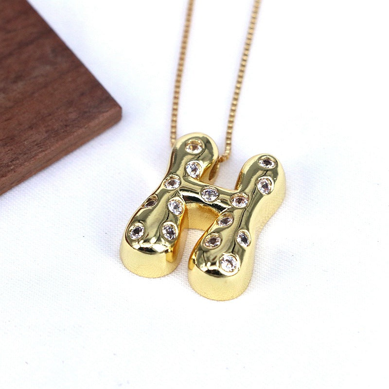 Gold-plated Balloon Bubble Inlaid Zirconium 26 Letter Pendant Necklace - Golden Treasures  # #