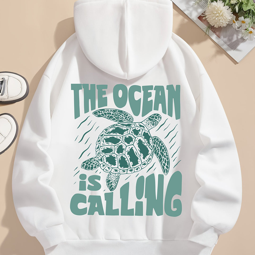 Turtle Print Hoodie Drawstring Sweatshirt Suitable For Women In Winter And Autumn - Golden Treasures  # #