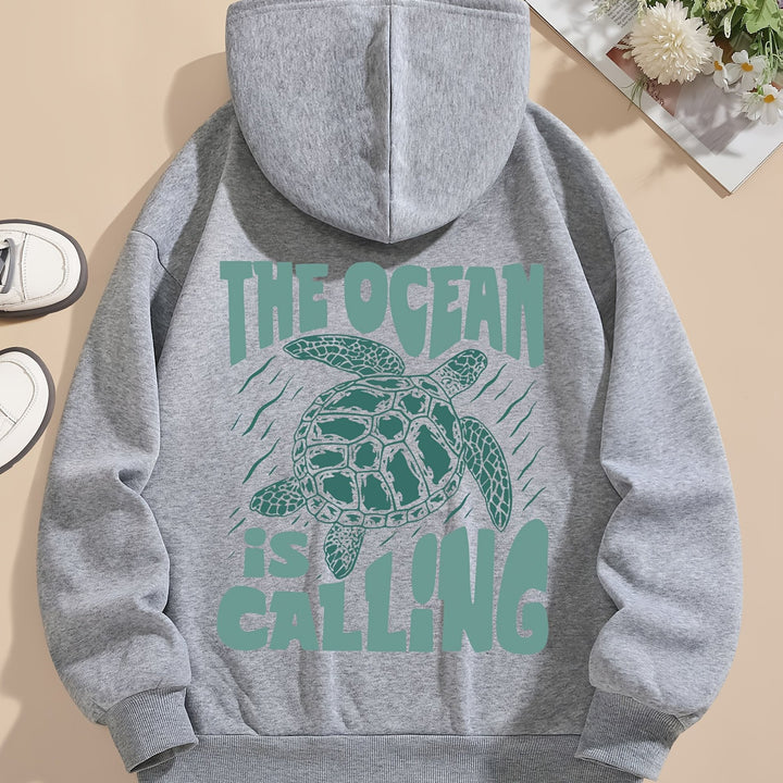 Turtle Print Hoodie Drawstring Sweatshirt Suitable For Women In Winter And Autumn - Golden Treasures  # #